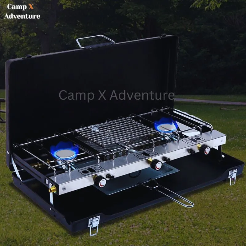 Camp X Premium Series Camping Stove, 3 Burners with Regulator, Push-Button Ignition, Adjustable Burners & Wind Guards for Car BBQ Picnics Outdoor Cooking (Black - 20,400 BTUs)
