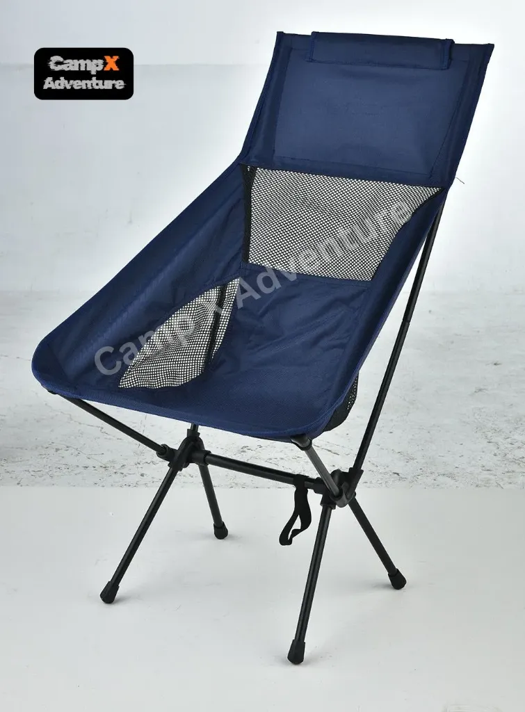 Camp X Folding  DurablePro Chair Portable Outdoor Folding Seat with Headrest, Oxford Cloth & Aluminum Alloy, Ideal for Camping with Carrying Bag Colour Navy Blue