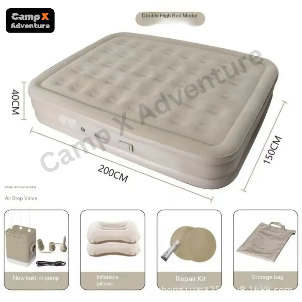 Camp X Inflatable Bed - with Built-in Pump, Portable & Compact for Home, Travel, Camping & Guests (Double Bed) (200 x 150 x 40 CM)