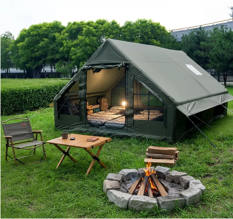 Camp X 12 Square Meter Large Size Air Inflatable Tent Size L-13 ,W- 10, H-6.5 Feet Army Green Colour