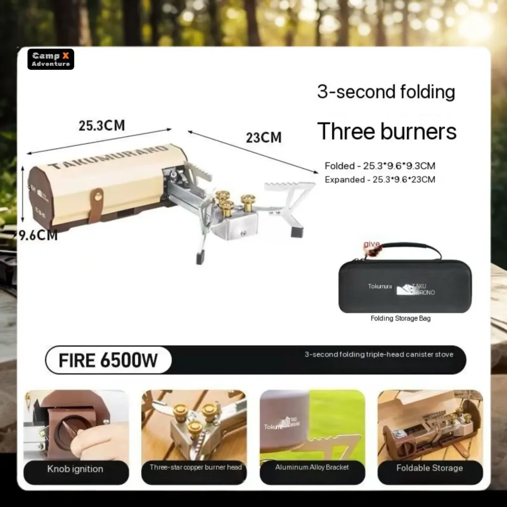 CampX Three-Head Fierce Fire Stainless Steel Lightweight Portable Manual Outdoor Folding Propane Stove Windproof