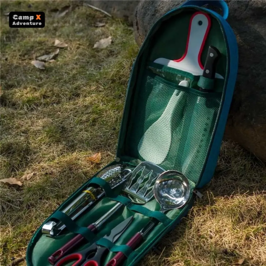 Outdoor Cutlery Portable Set Camping Barbecue Cookware Picnic Equipment Full Set Chopping Board Spoons Clips Storage Bag Set