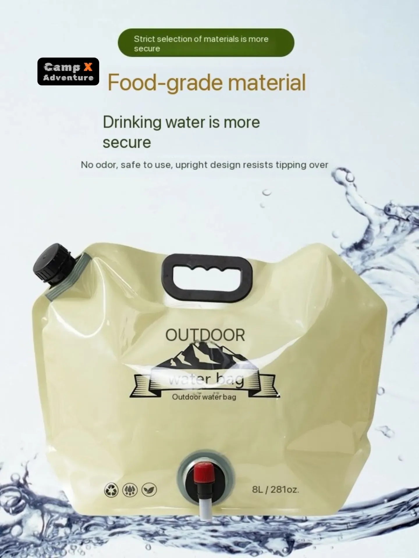 Camp X 8L Water Storage Bag with Valve & Handle, Collapsible Reusable, BPA Free Food Grade Water Carrier Jug, for Water Container Bag for Travel, Hiking, Desert Survival, Outdoor Adventure