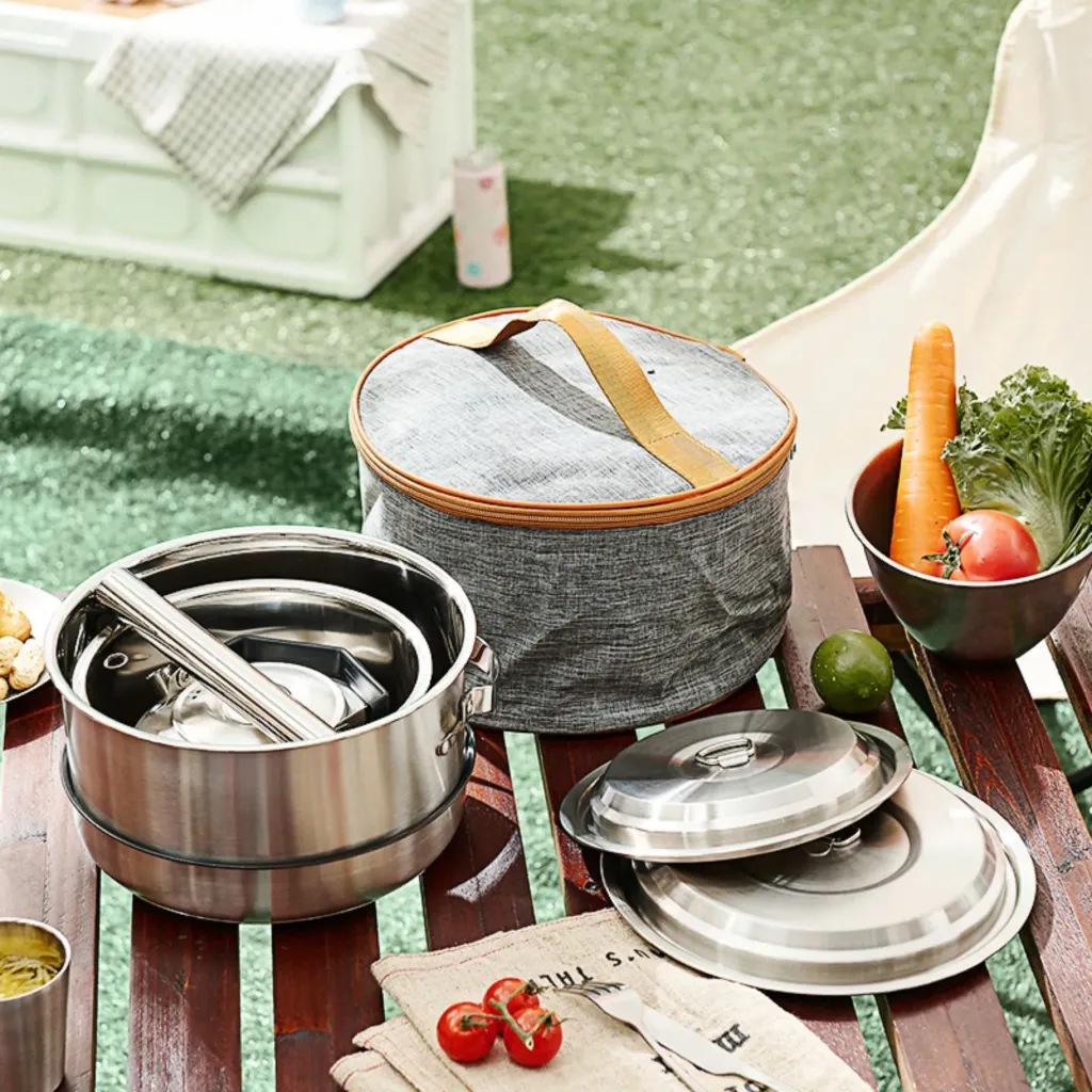Stainless Steel 304 Grade Camping Cooking Set Camping 2 Pots ,Pan & Kettle 4 Pcs Set with Carrying Bag Size Large