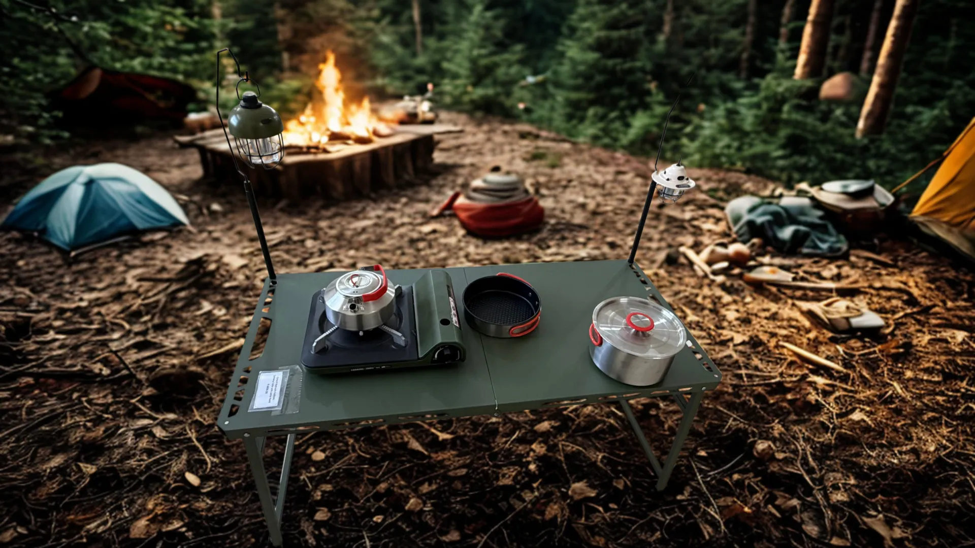 CampX Hydraulic Foldable Camping Table Colour Army Green with 1 pcs Lamp Stand L-104 , W-48,H-46 Cm