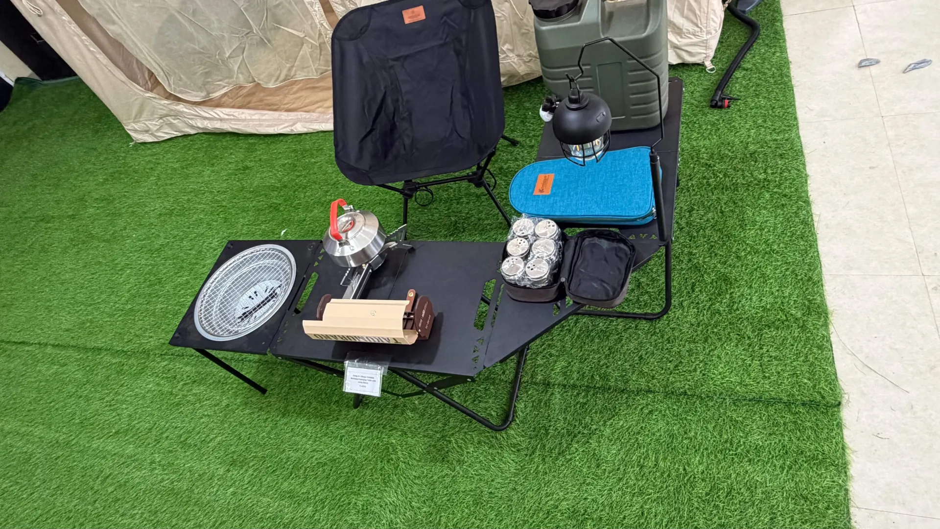 CampX L-Shape Foldable Camping Table with Inbuilt Barbeque and 1 Pcs Lamp Stand